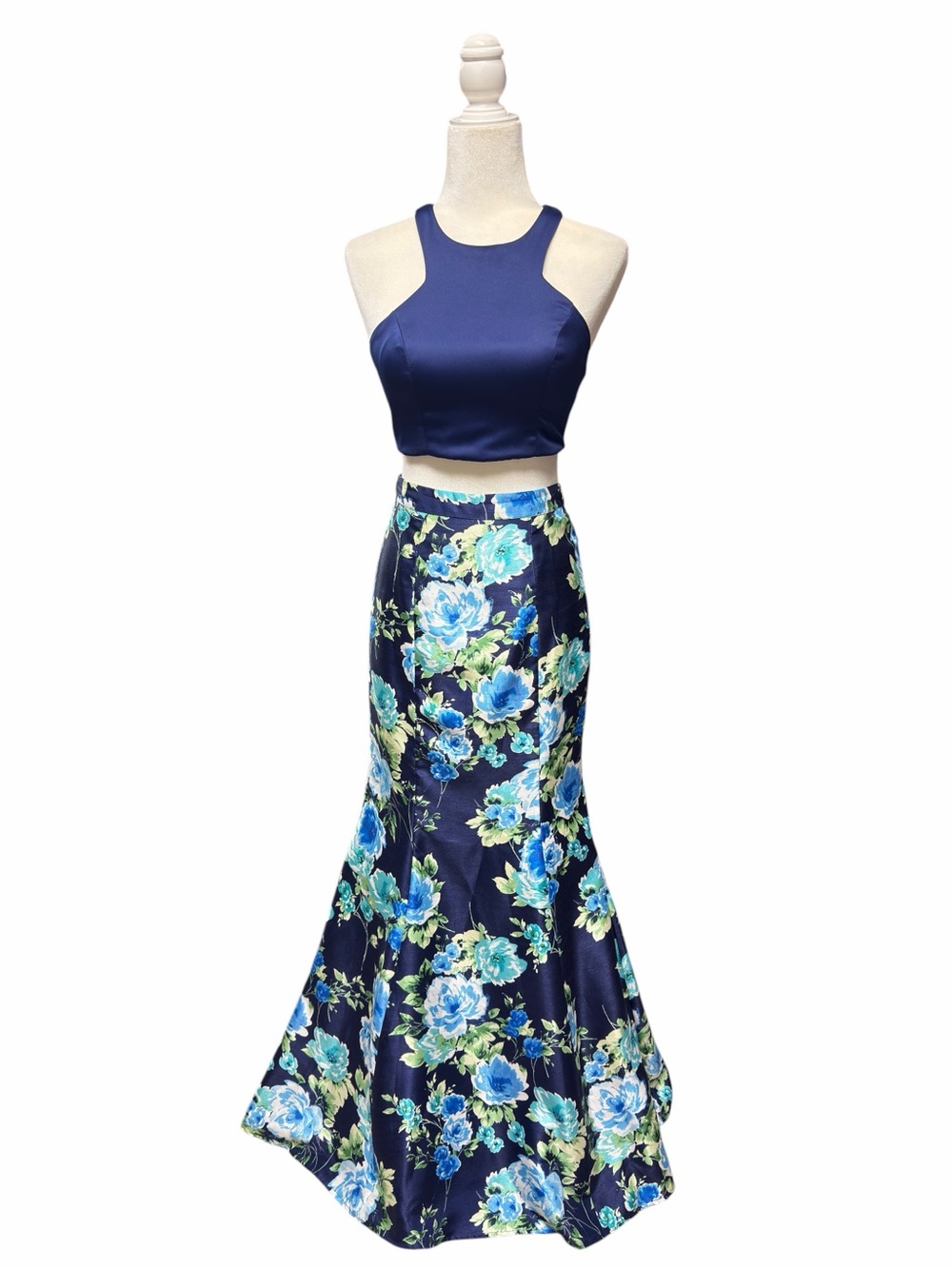 Sequin Hearts Blue Green Floral Two-Piece Mermaid Formal Prom Dress Size 3 - Picture 2 of 8
